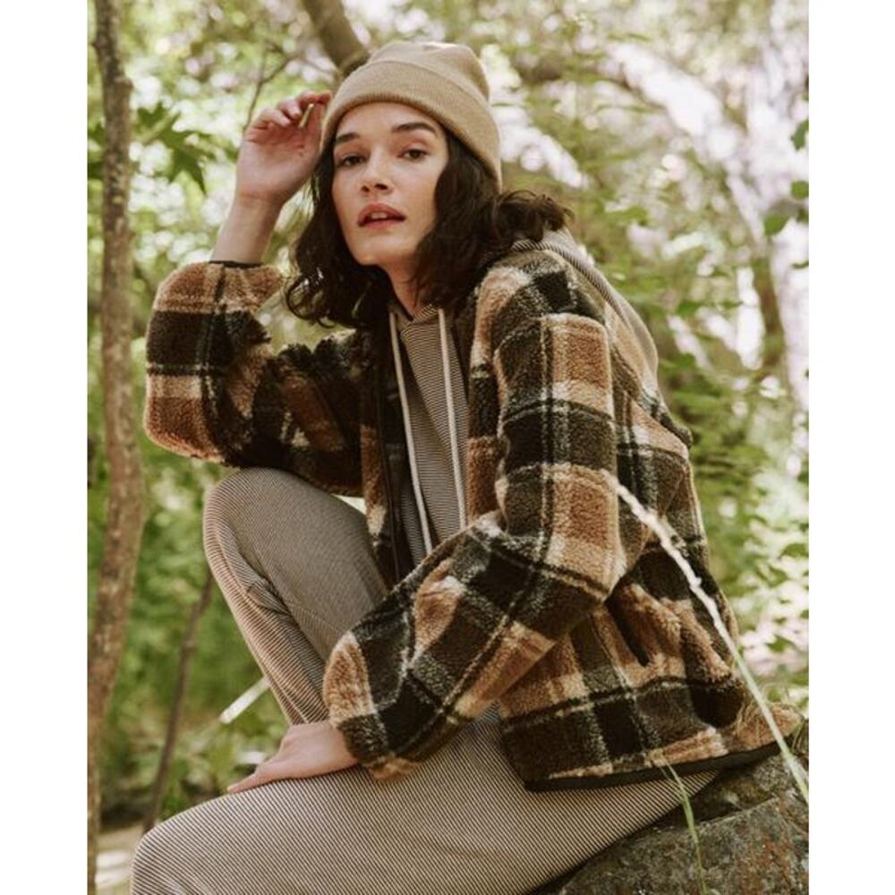THE GREAT.  Sherpa Bomber Jacket in Woodsmoke Plaid Brown